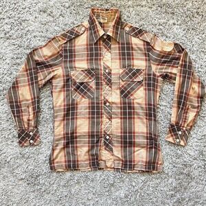 Alfie California Mens Shirt Medium Disco Dance Western Vintage 70's Brown‎ Plaid